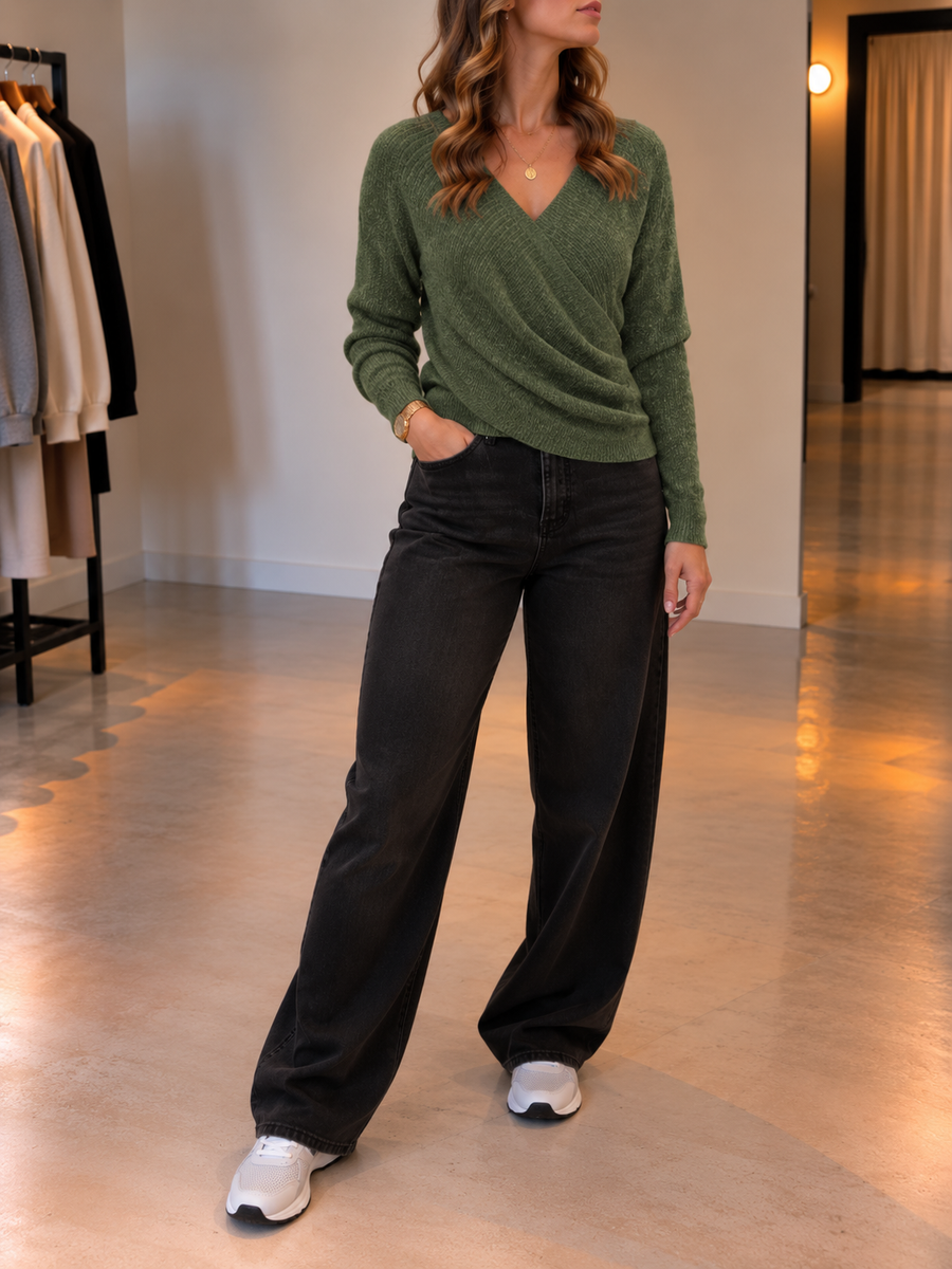 Miruna Wrap Front Ribbed Cotton Sweater