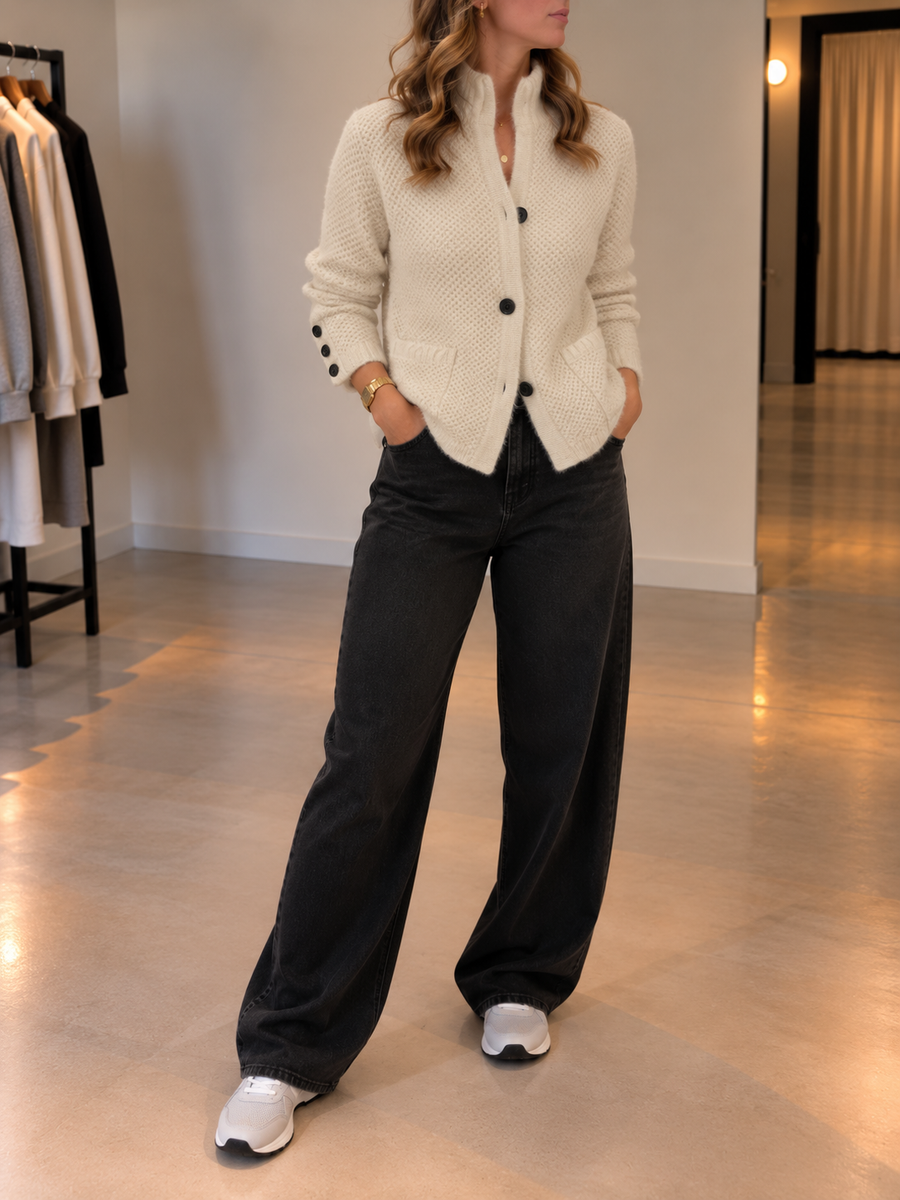 Leana Waffle Knit Stand Collar Cardigan