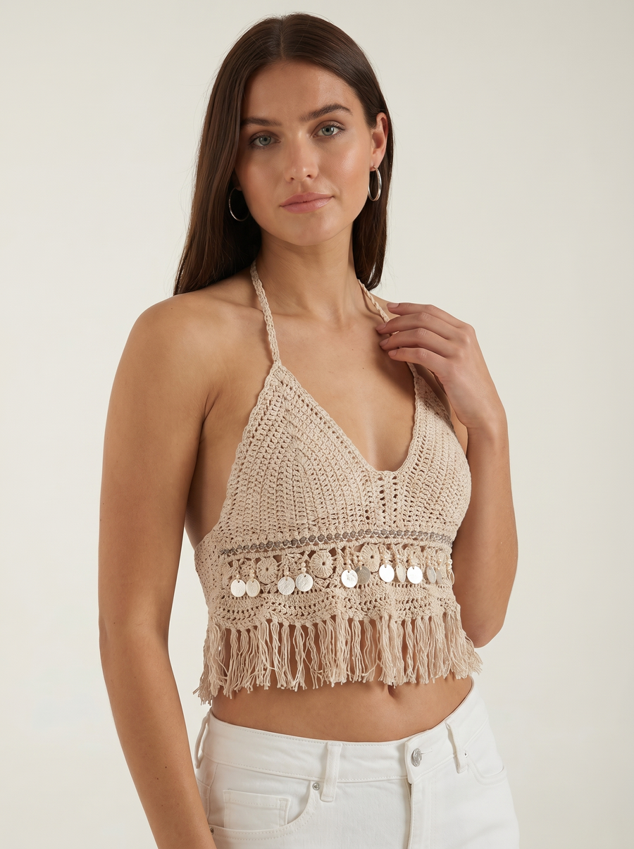 Brandy Crochet Fringe V Neck Halter Top