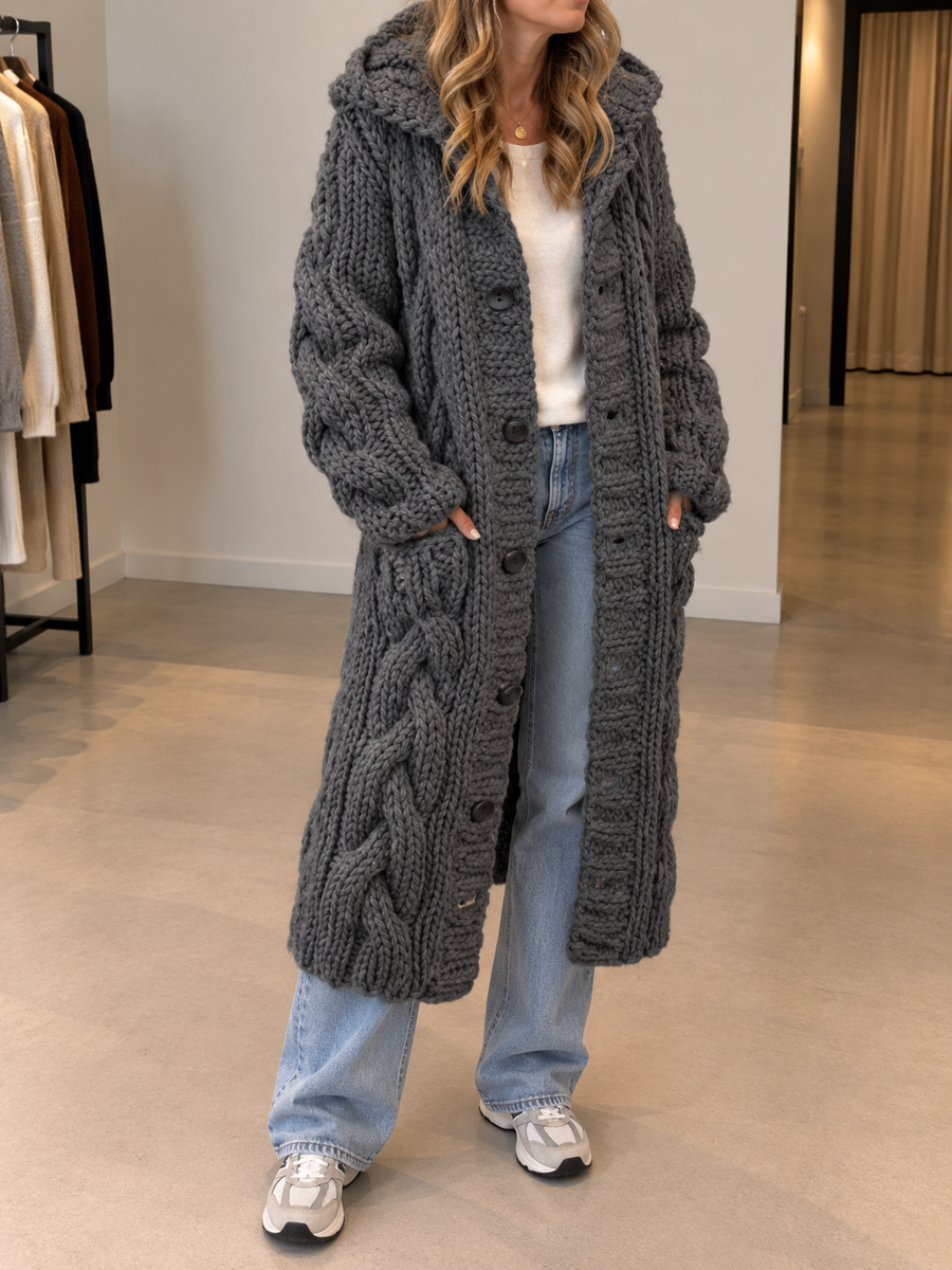 Valora Long Cable Knit Hooded Cardigan
