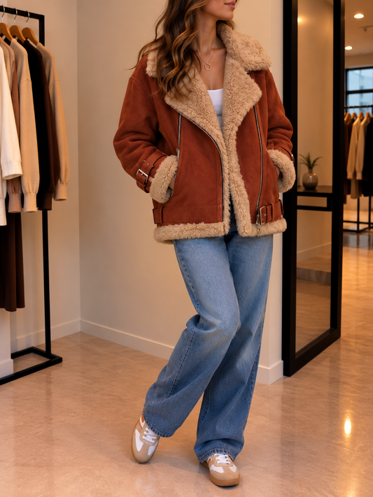 Emily Teddy Lined Suede Biker Jacket