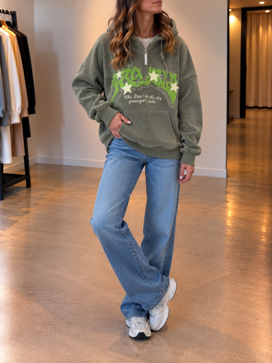 Inge Embroidered Ribbed Zip Up Hoodie