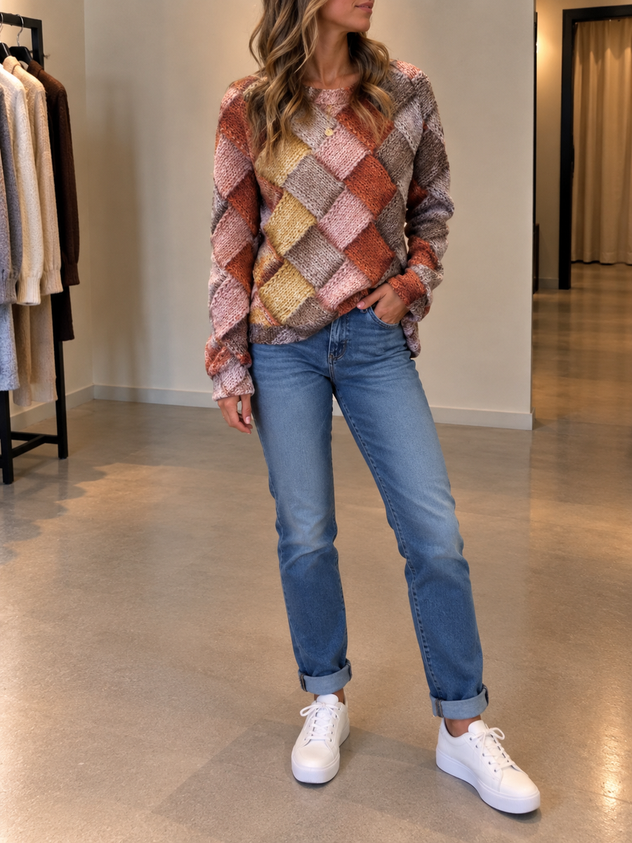 Hedwig Patchwork Plaid Crew Neck Sweater