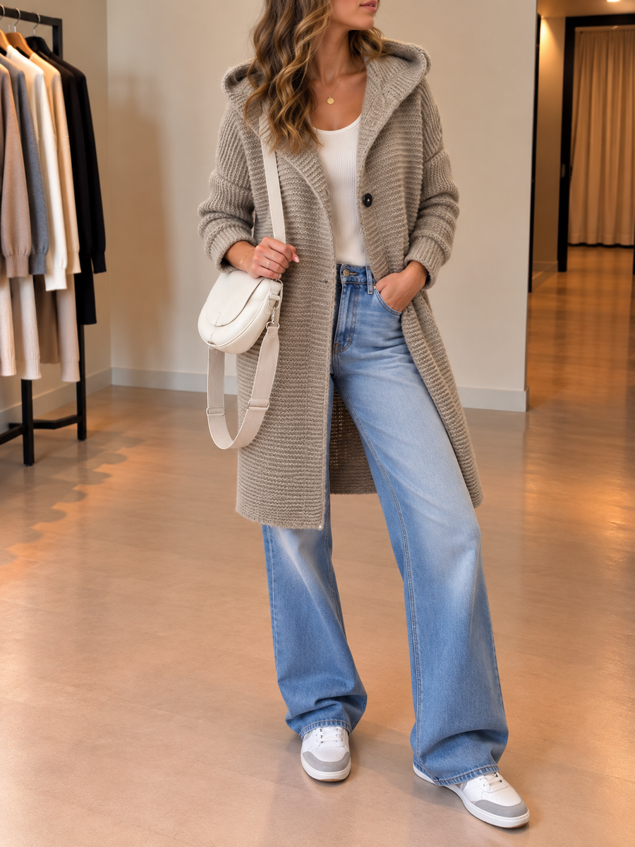 Madita Long Hooded Rib Knit Cardigan