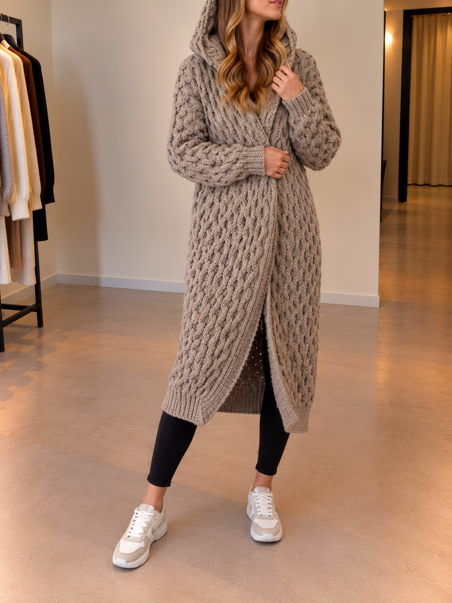 Maike Long Cable Knit Belted Hooded Cardigan