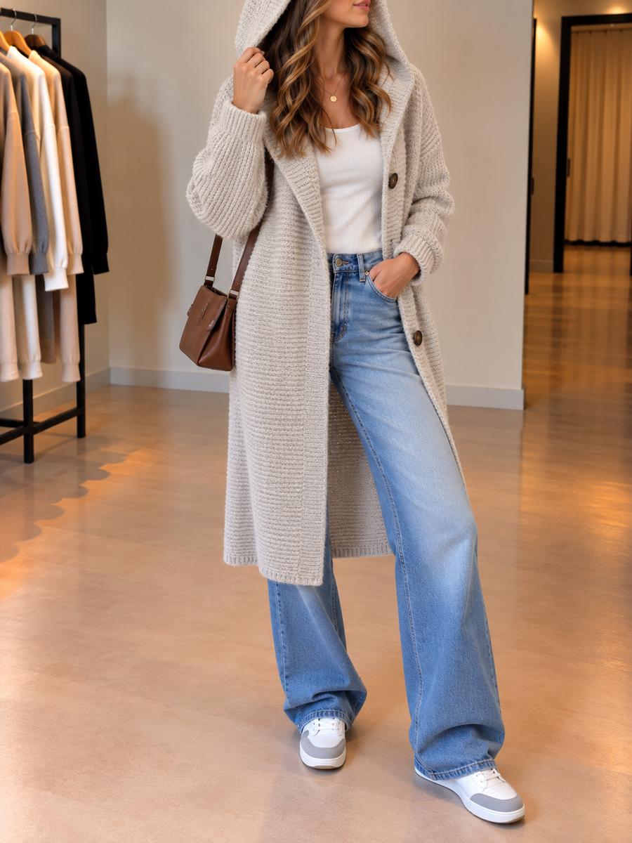 Aida Long Hooded Cotton Cardigan Coat