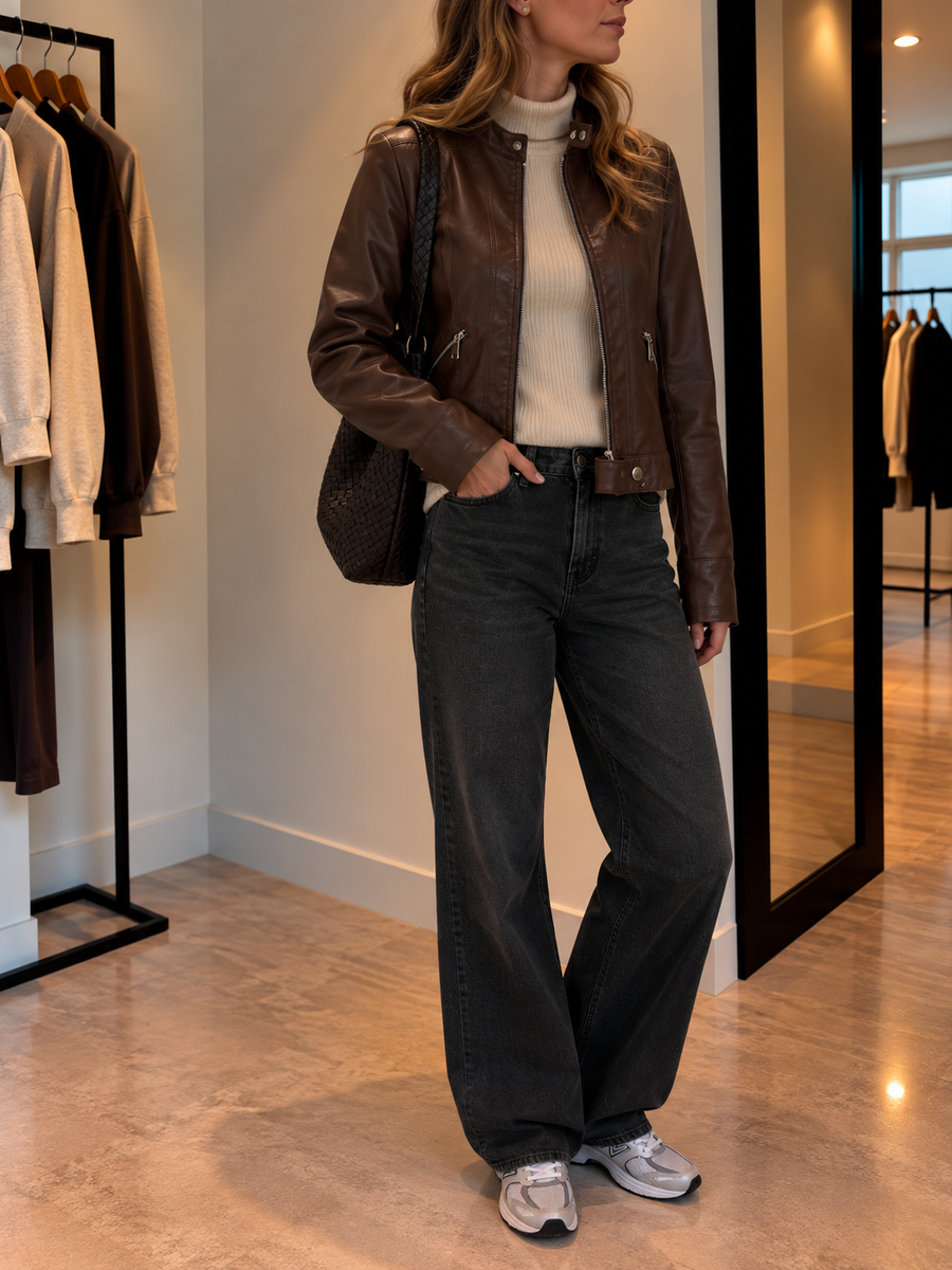 Fatima Cropped Faux Leather Moto Jacket
