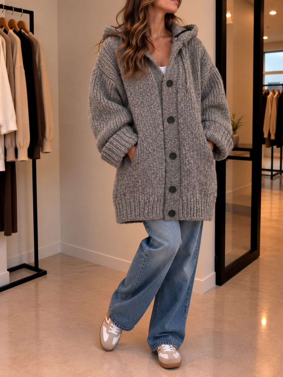 Saskia Long Hooded Button Cardigan