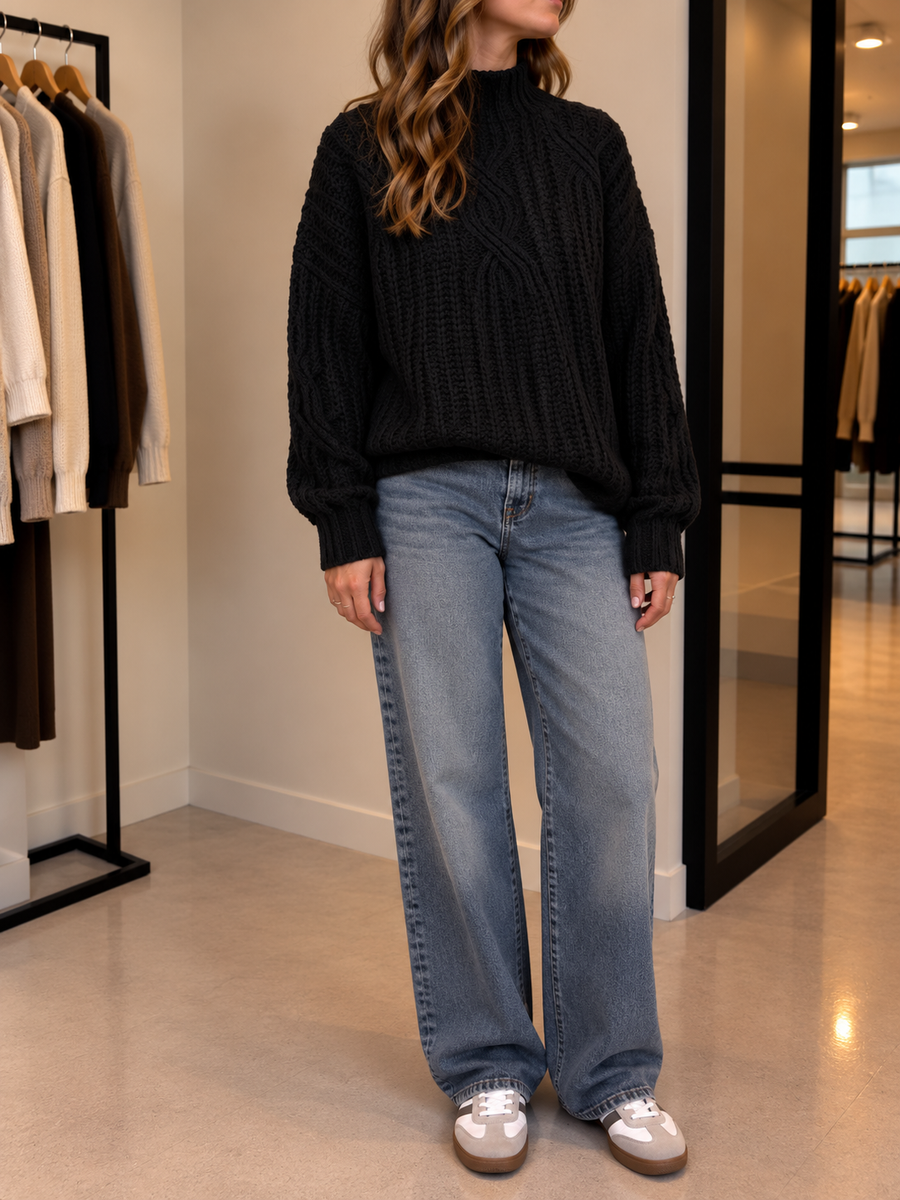 Melike Cable Front Chunky Turtleneck Sweater