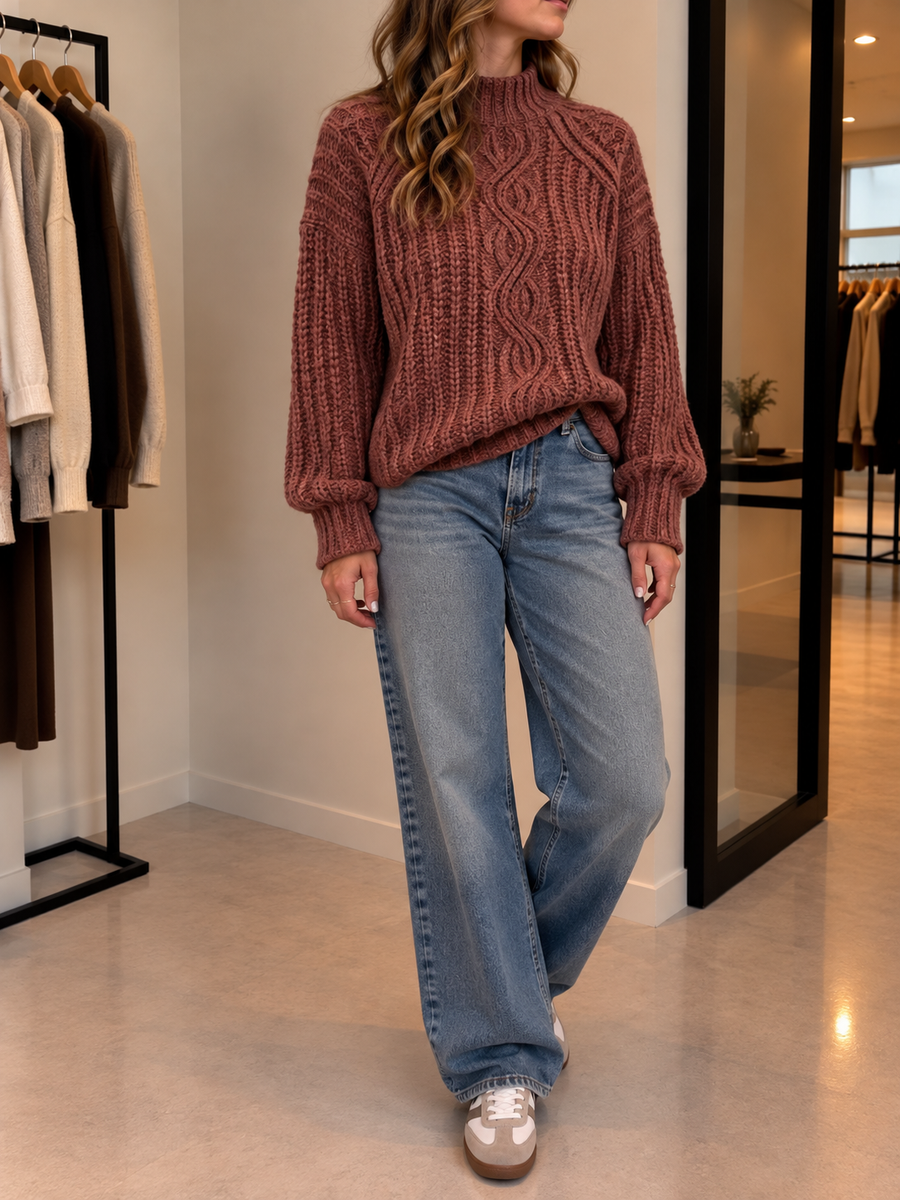Melike Cable Front Chunky Turtleneck Sweater