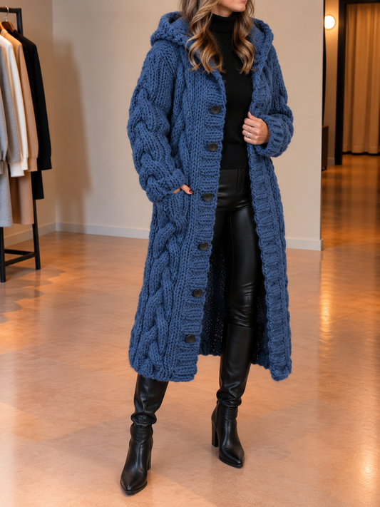 Valora Long Cable Knit Hooded Cardigan