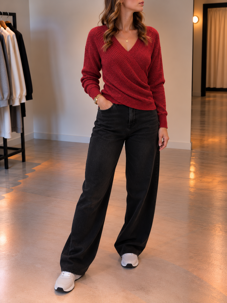 Miruna Wrap Front Ribbed Cotton Sweater