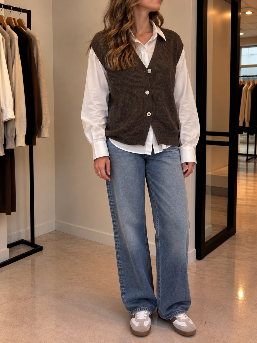 Solveig Ribbed V Neck Button Sweater Vest