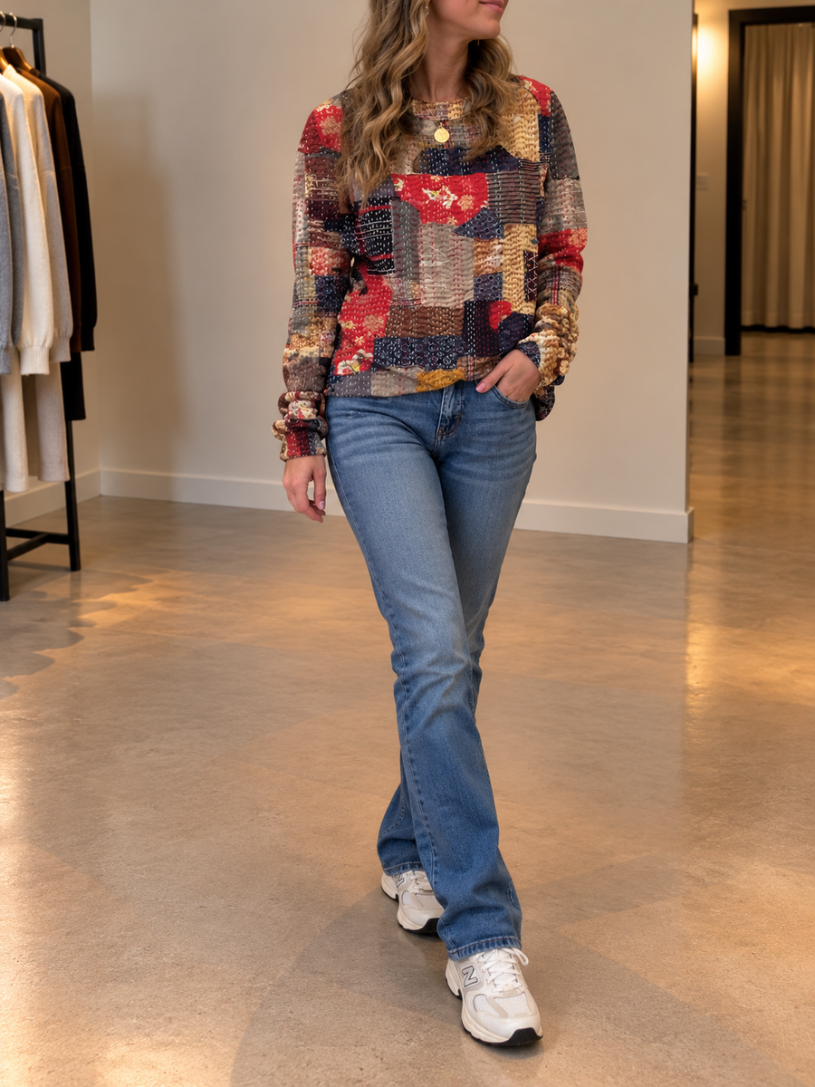 Hedwig Patchwork Plaid Crew Neck Sweater