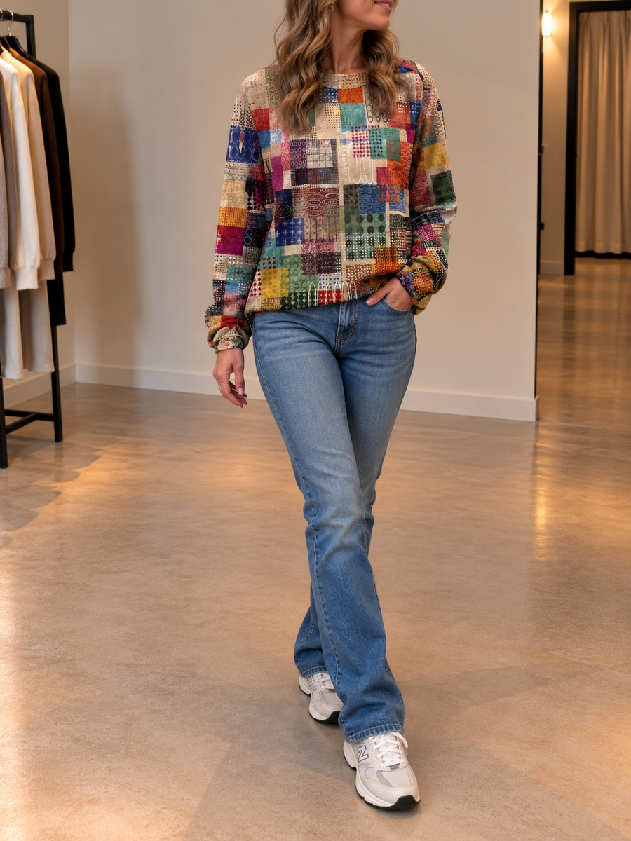 Hedwig Patchwork Plaid Crew Neck Sweater