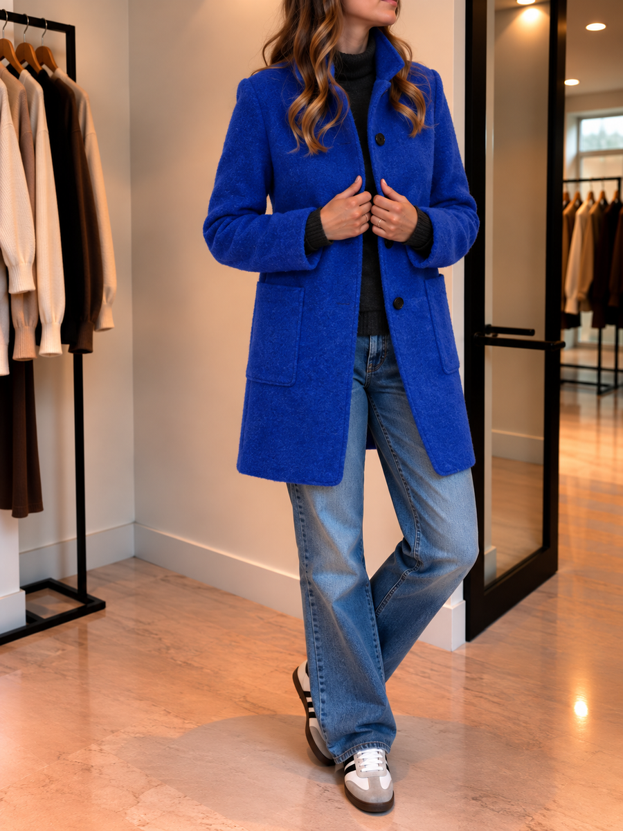Silvia Mid Length Stand Collar Wool Blend Coat