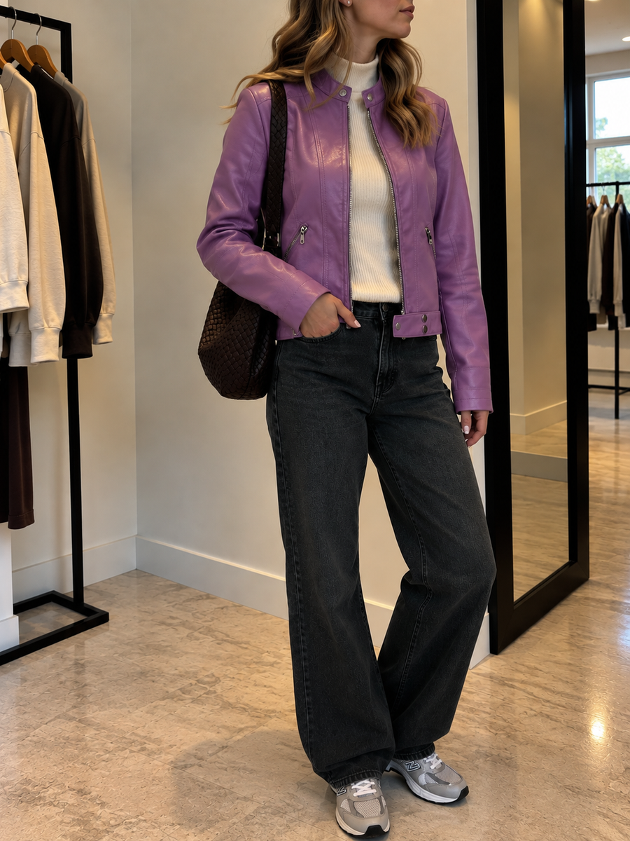 Fatima Cropped Faux Leather Moto Jacket