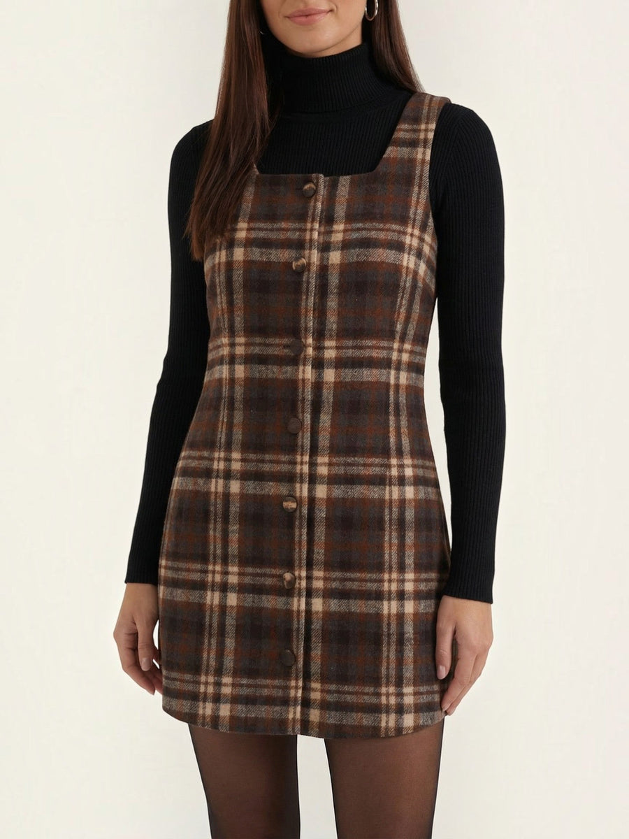 Annette Plaid Button Front Pinafore Mini Dress
