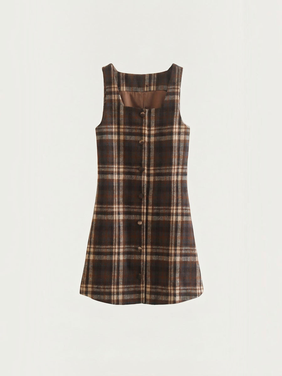 Annette Plaid Button Front Pinafore Mini Dress