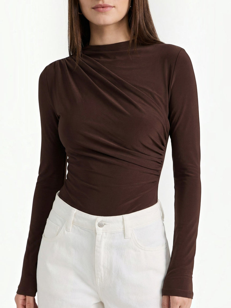 Audrey Draped Stand Collar Long Sleeve Top