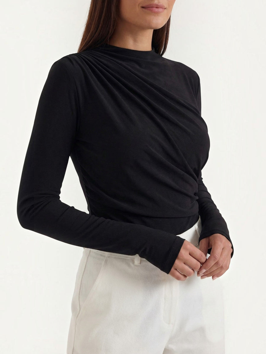 Audrey Draped Stand Collar Long Sleeve Top