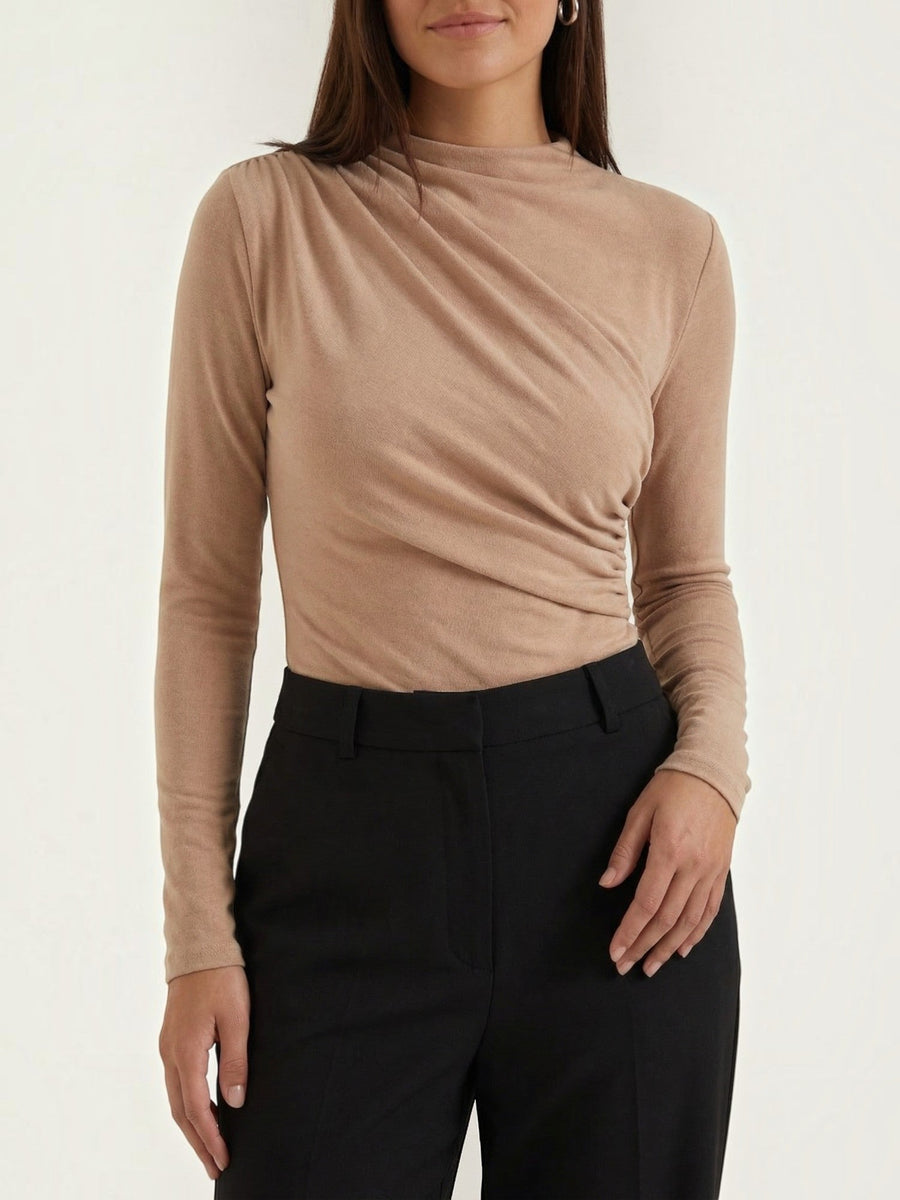 Audrey Draped Stand Collar Long Sleeve Top