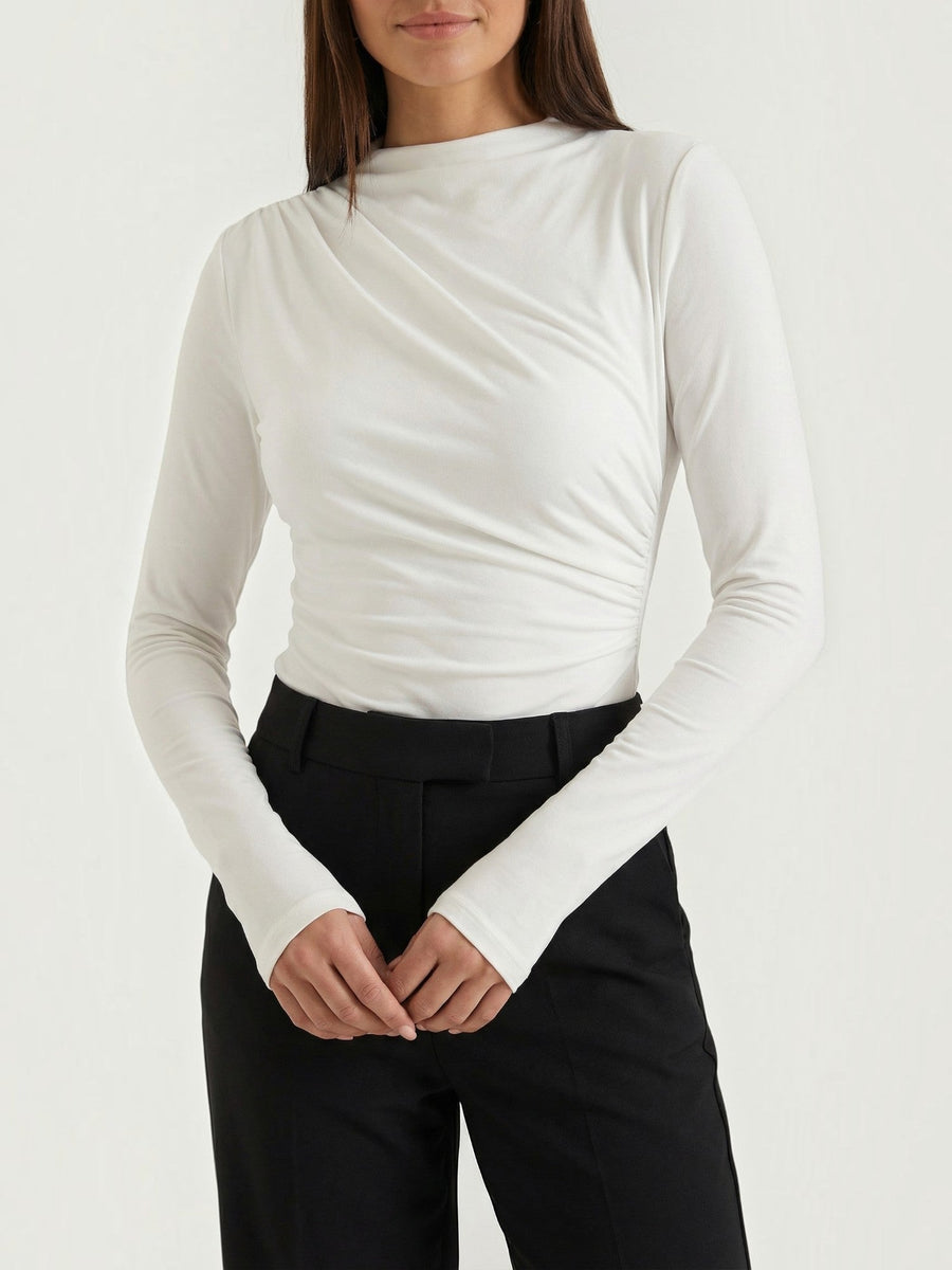 Audrey Draped Stand Collar Long Sleeve Top
