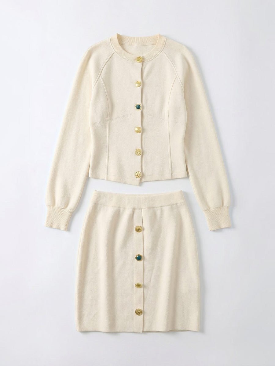 Carrie Gold Button Knit Jacket and Mini Skirt Set