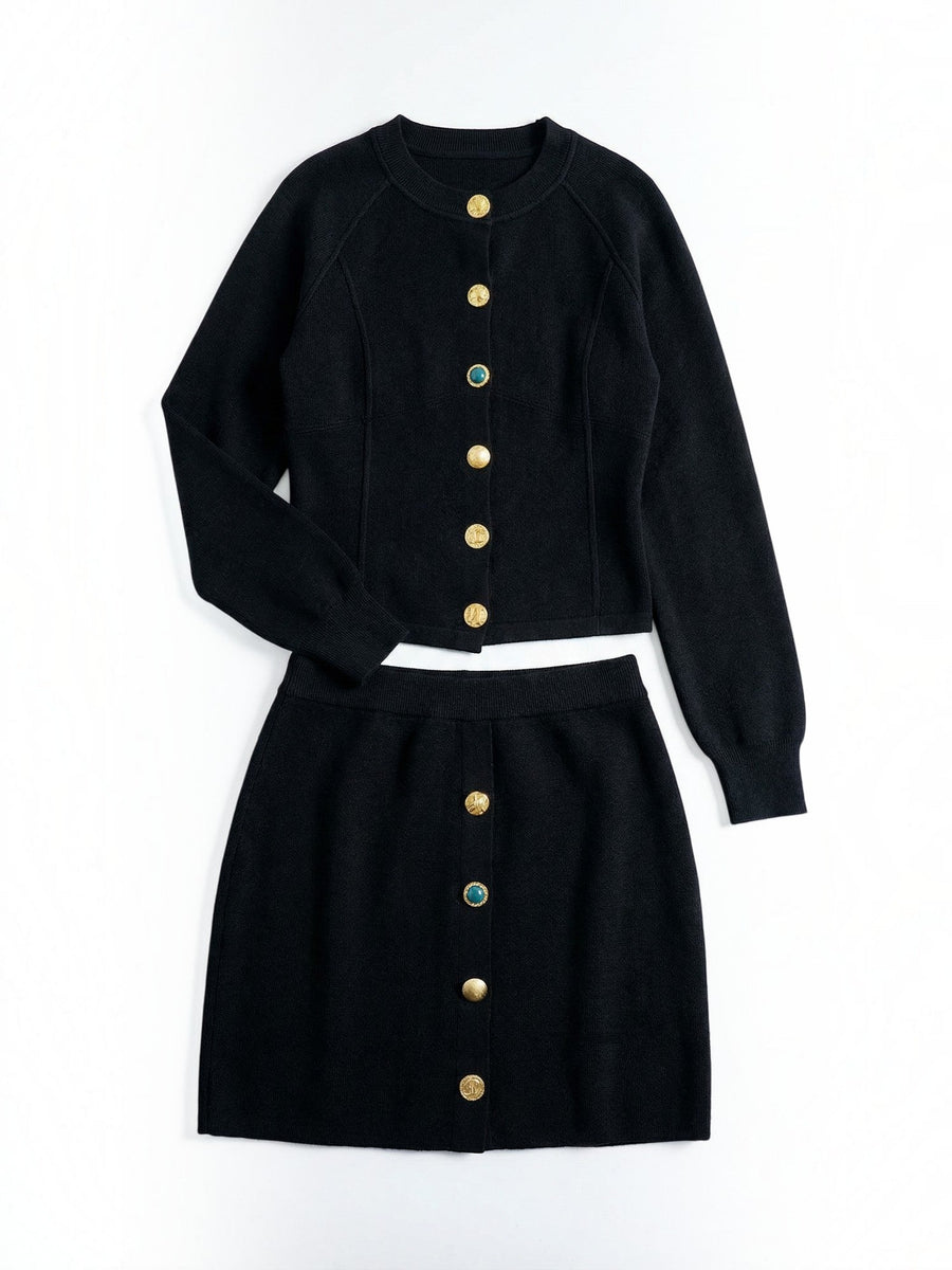 Carrie Gold Button Knit Jacket and Mini Skirt Set