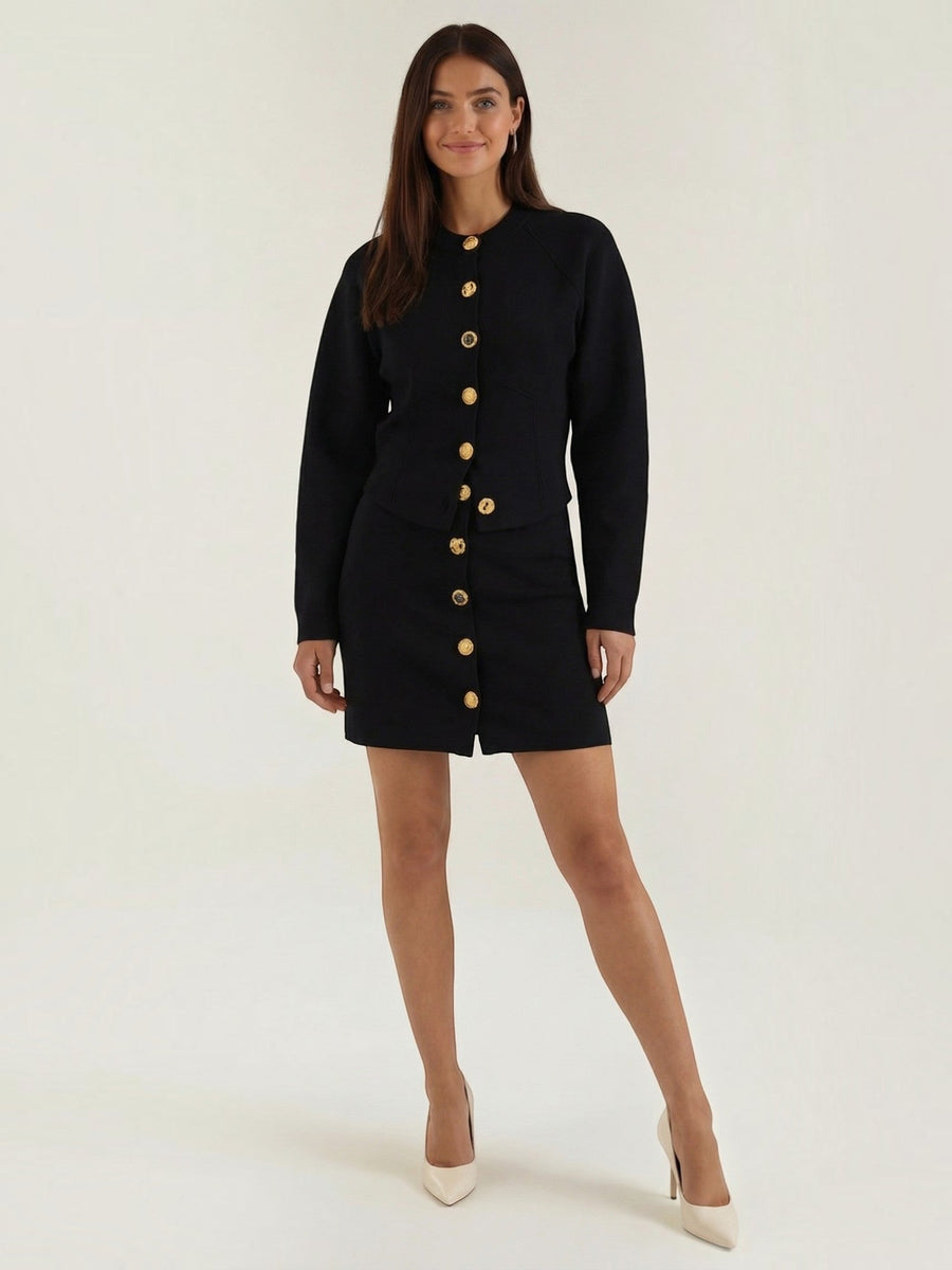 Carrie Gold Button Knit Jacket and Mini Skirt Set