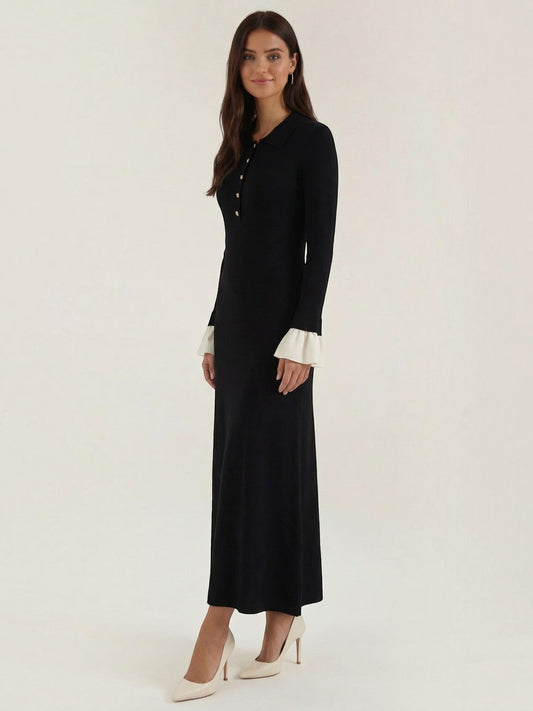 Charlotte Polo Collar Contrast Cuff Knit Maxi Dress