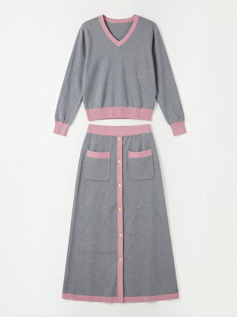 Cheryl V Neck Sweater and Midi Skirt Set