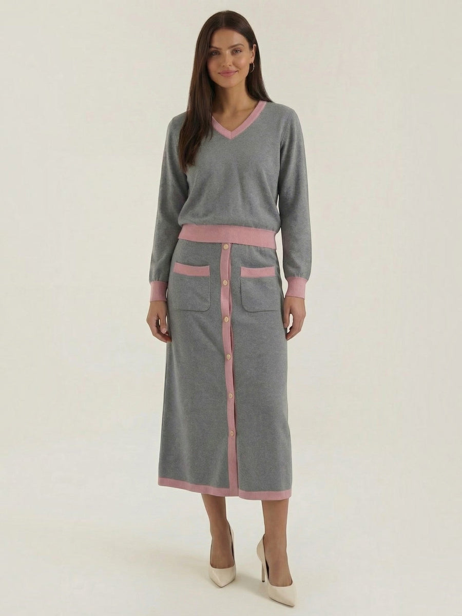 Cheryl V Neck Sweater and Midi Skirt Set