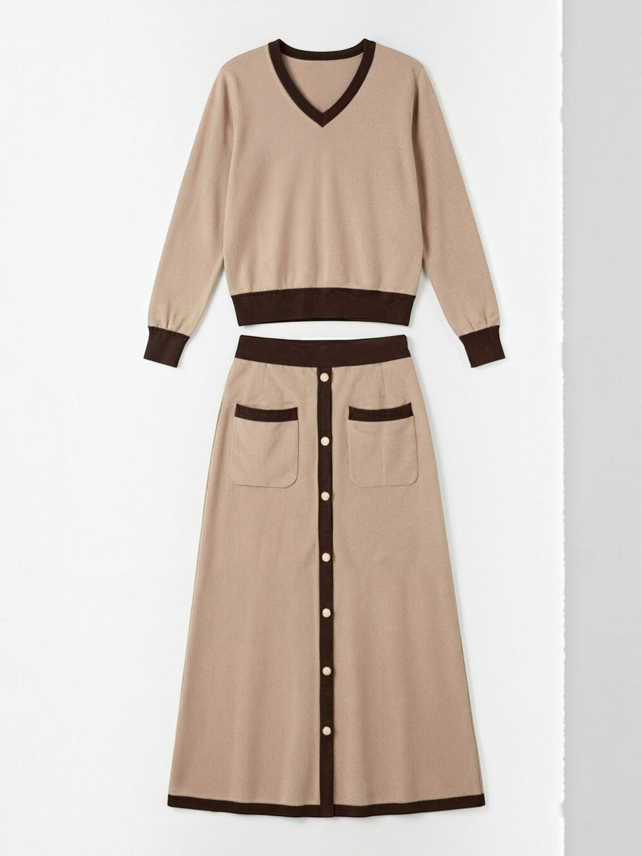 Cheryl V Neck Sweater and Midi Skirt Set
