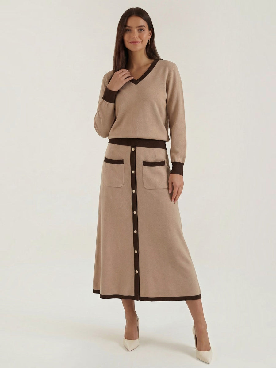 Cheryl V Neck Sweater and Midi Skirt Set