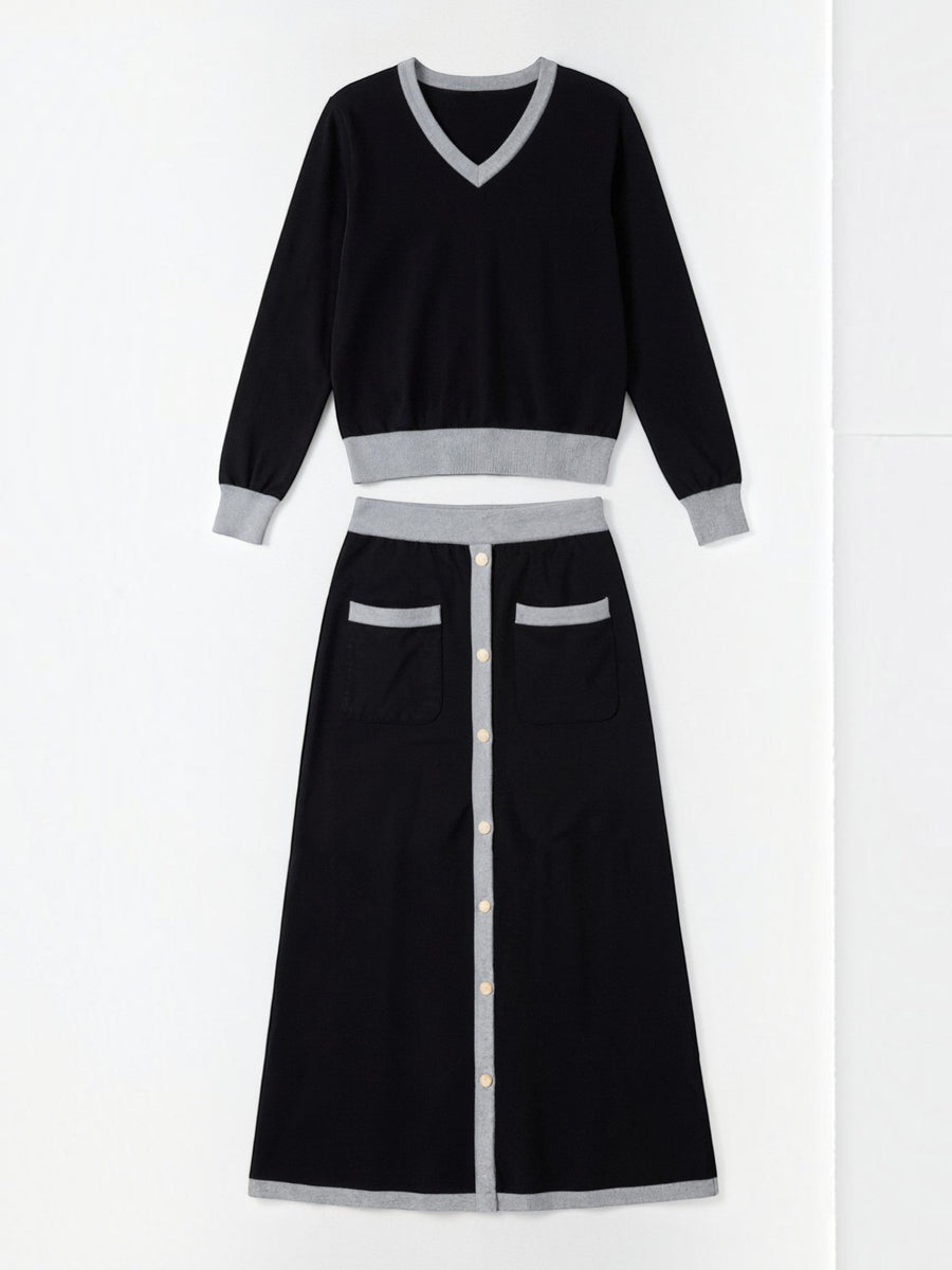 Cheryl V Neck Sweater and Midi Skirt Set