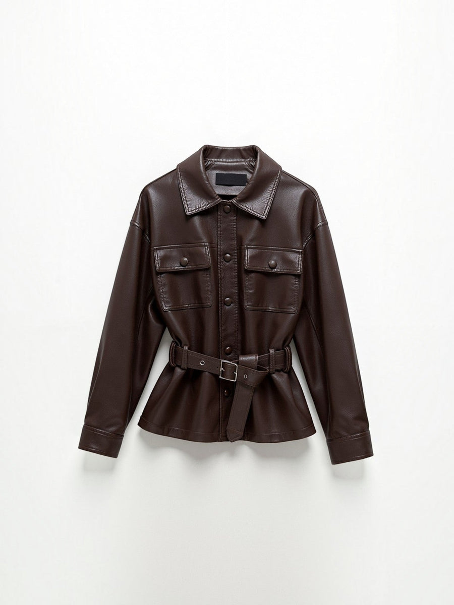 Christina Belted Faux Leather Jacket
