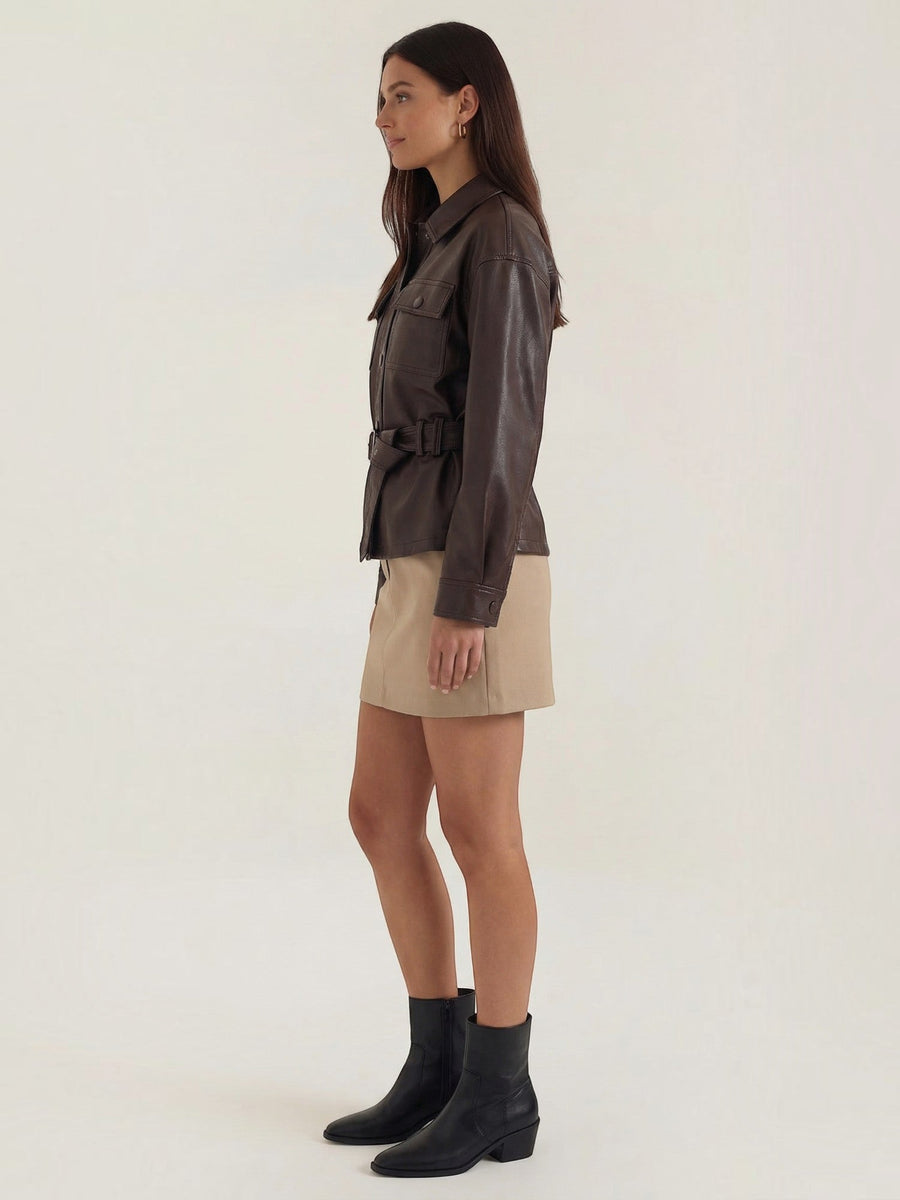 Christina Belted Faux Leather Jacket