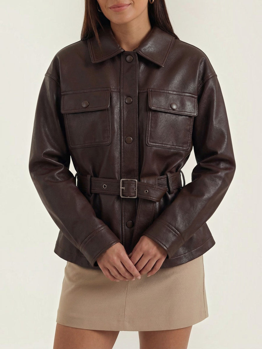 Christina Belted Faux Leather Jacket