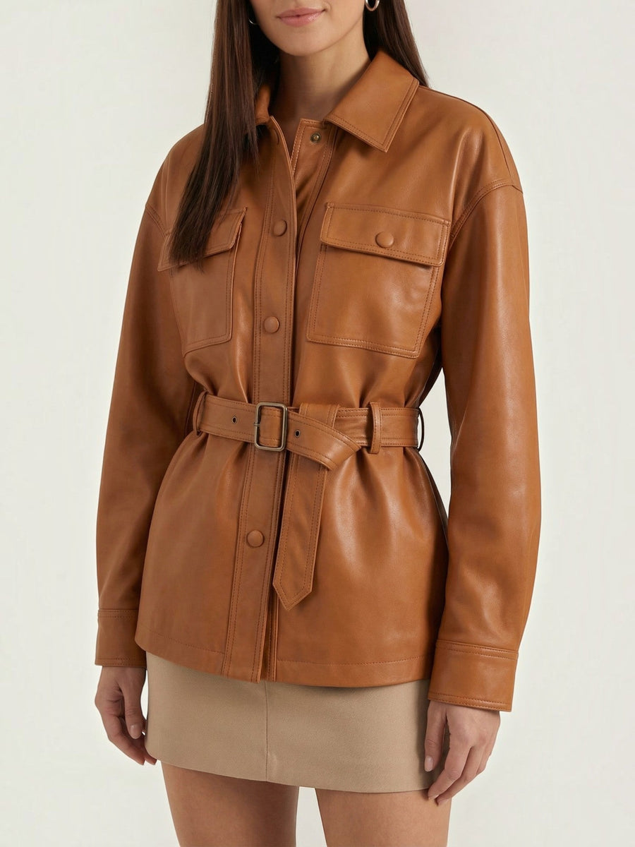 Christina Belted Faux Leather Jacket