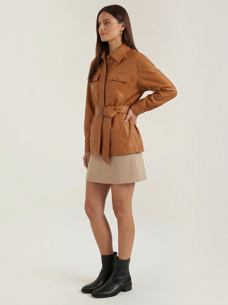 Christina Belted Faux Leather Jacket