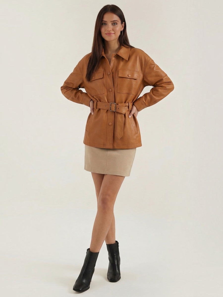 Christina Belted Faux Leather Jacket