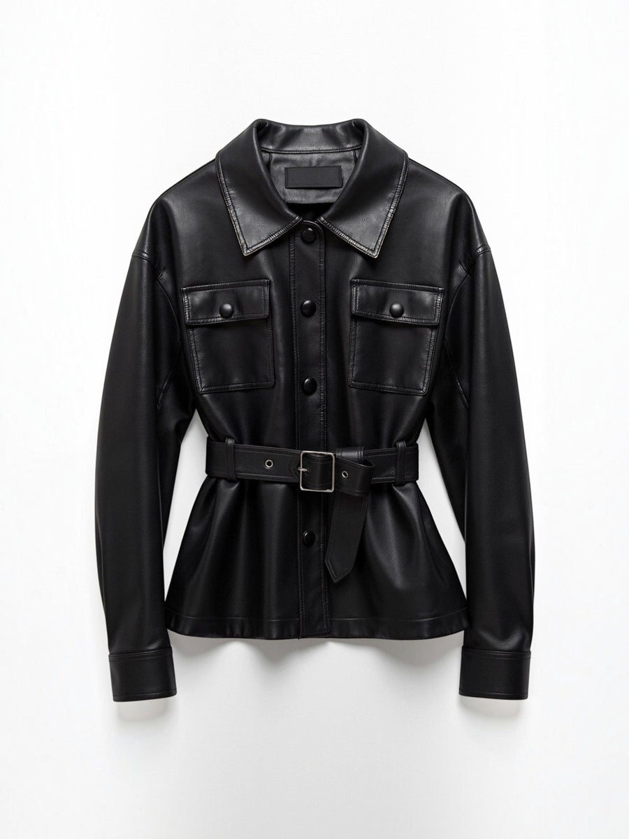 Christina Belted Faux Leather Jacket