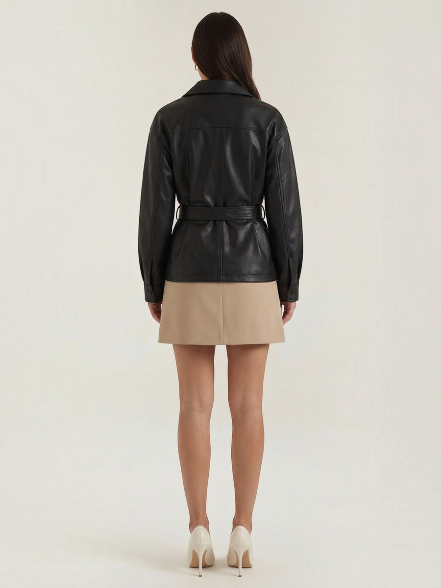 Christina Belted Faux Leather Jacket