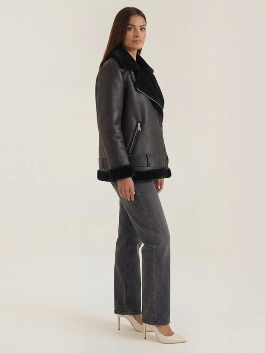 Christine Teddy Collar Biker Jacket