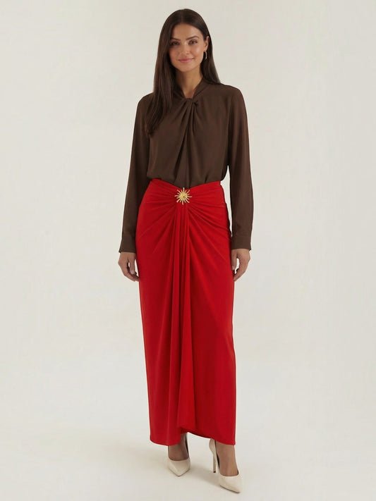 Cleo Draped Asymmetric Maxi Skirt with Brooch