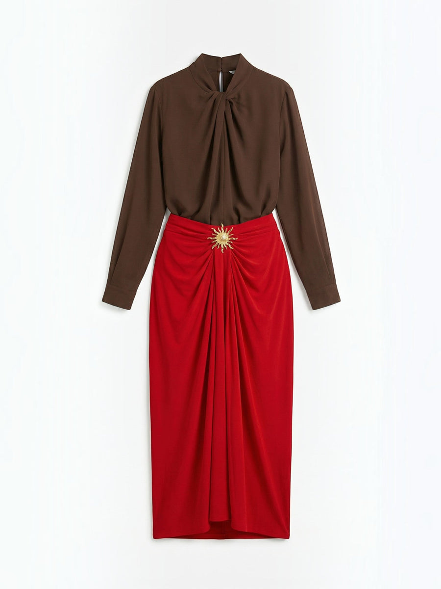 Cleo Draped Asymmetric Maxi Skirt with Brooch