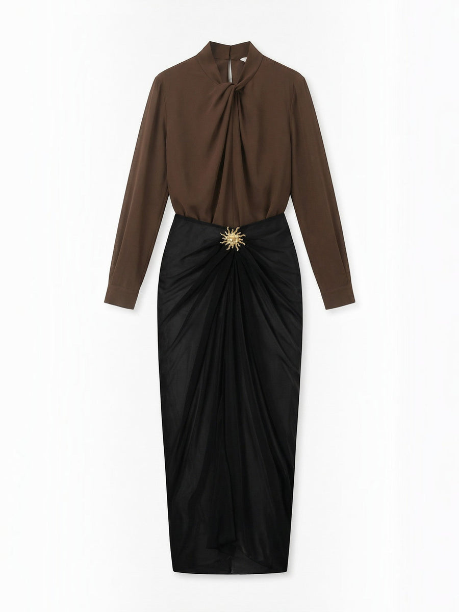 Cleo Draped Asymmetric Maxi Skirt with Brooch