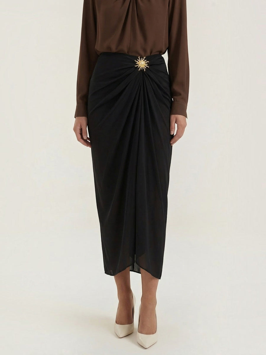 Cleo Draped Asymmetric Maxi Skirt with Brooch
