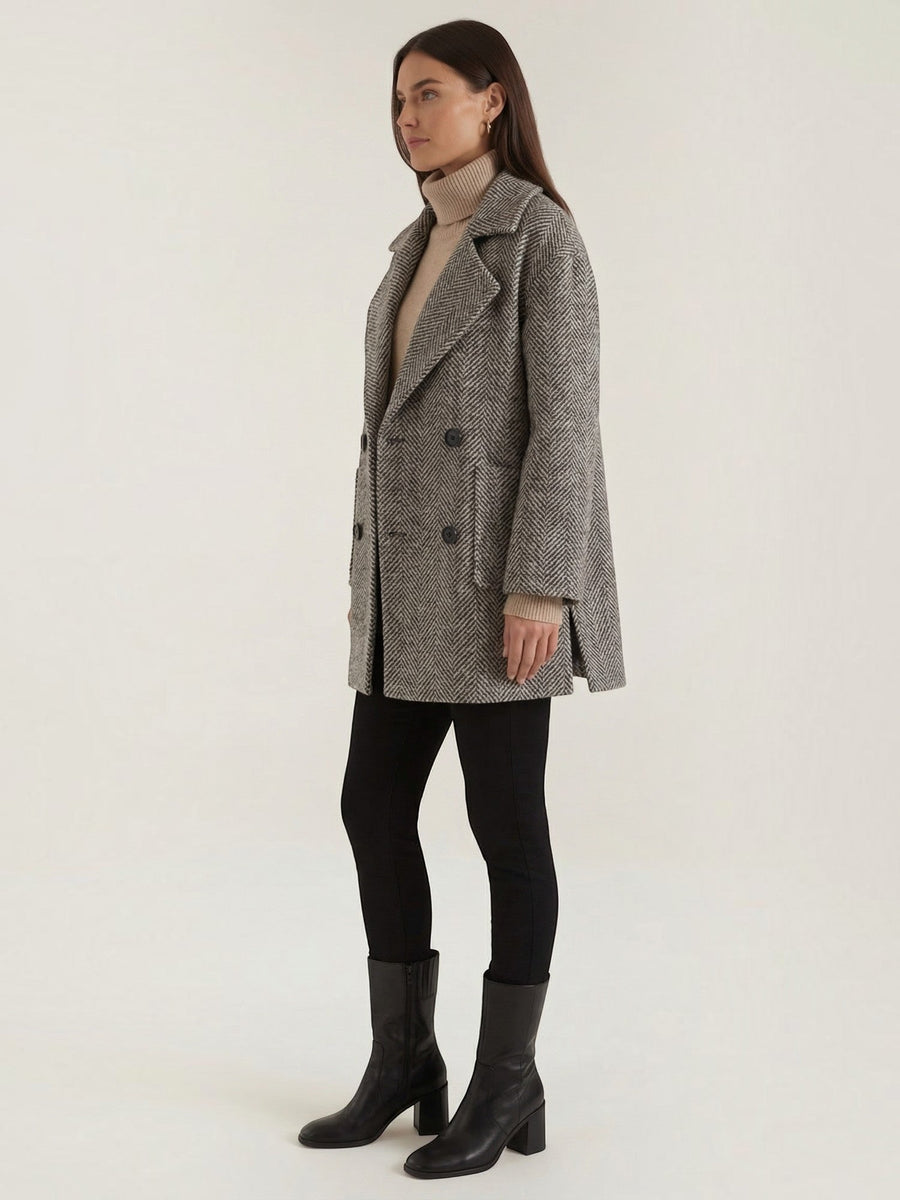 Dana Herringbone Double Breasted Short Coat